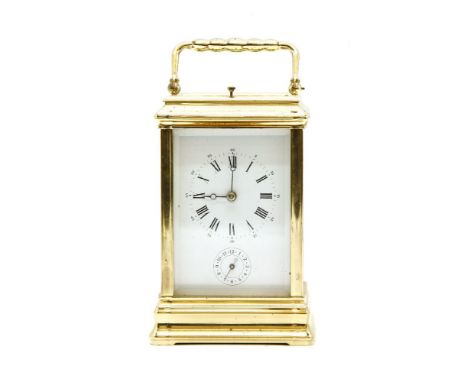 A French brass carriage clock, with porcelain dial, repeat and alarm mechanisms, stamped 'L'Epie', 18.5cm (to top of handle)
