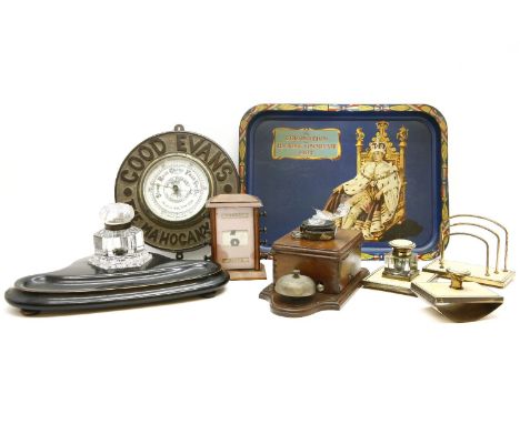 Sundries to include; an aneroid barometer 'Good Evans The Mahogany King' (advertising a Dalston firm), Edward VIII tin tray, 