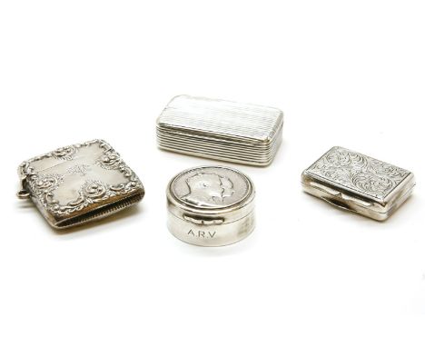 A George IV silver snuff box, London 1826, 5.5cm and a silver vest 4.5cm, a modern pill box, and a silver Edward VII and Quee