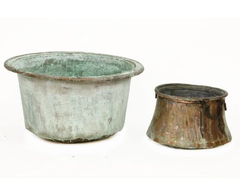 A large tapering copper planter, 73cm diameter, together with an old copper pot (2)