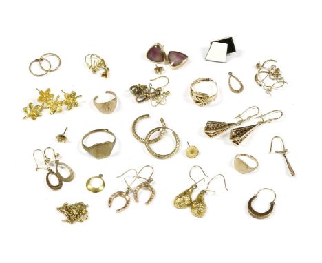 A collection of gold items, to include three various signet rings, all damaged, a pair of 9ct gold hoop earrings, damaged, a 