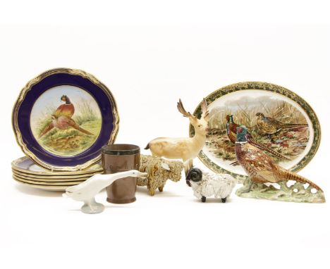 Beswick stag, pheasant, cow and sheep, together with a Lladro goose, Doulton 'leather' mug with silver rim, six Spode wild bi