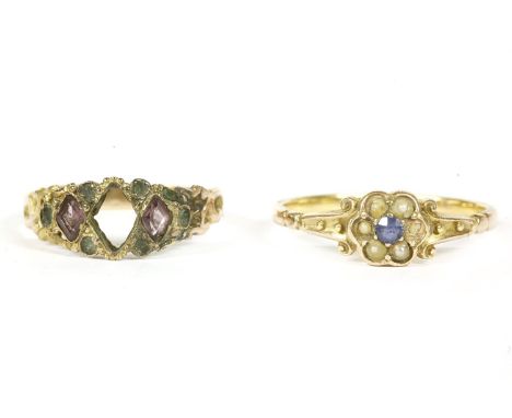 A Continental gold sapphire and split pearl cluster ring, (tested as approximately 14ct) and a Victorian 15ct gold amethyst a