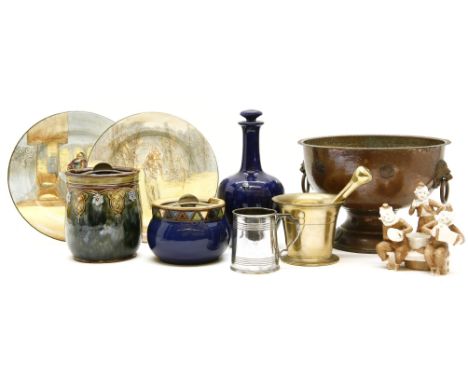 Royal Doulton stoneware, two tobacco jars and covers, one chipped, a decanter, two Seriesware plates, a pestle and mortar, co