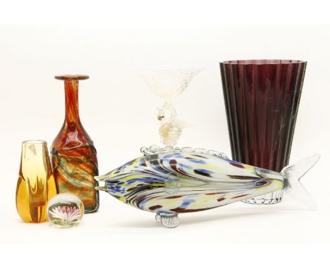 A Mdina amber glass decanter, a similar bud vase and other coloured glass ware