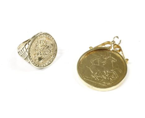 A 9ct gold ring set with a medallion, (tested as approximately 18ct gold), a gilt Victorian coin set in a 9ct gold channel se