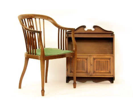 An Edwardian mahogany hanging wall shelf, together with an Edwardian horse shoe back chair, the shelf 60cm x 18cm x 80cm