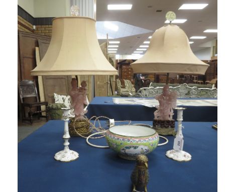 Two rose quartz Table Lamps with goddess columns, gilt metal bases, shades with pierced finial, A/F, a pair of floral painted