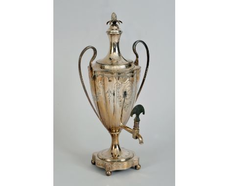 A George III silver Urn engraved crest and floral swags, etc, pineapple finial, on square base, London 1786, 15in, maker: pro