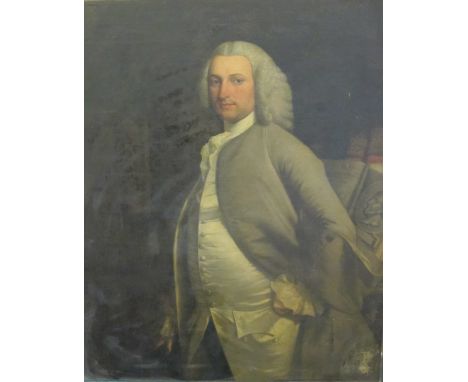 HENRY PICKERING (active c.1740-d.1771)Portrait of a Gentleman, standing three-quarter length, in a study, wearing an olive gr