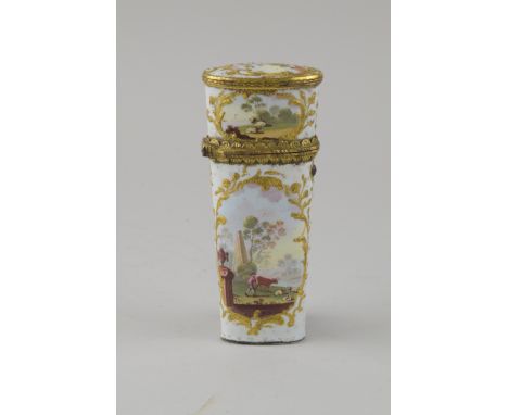 An 18th Century enamel cased Etui painted reserves of cattle, sheep and donkey with drover in landscape, gilt floral surround