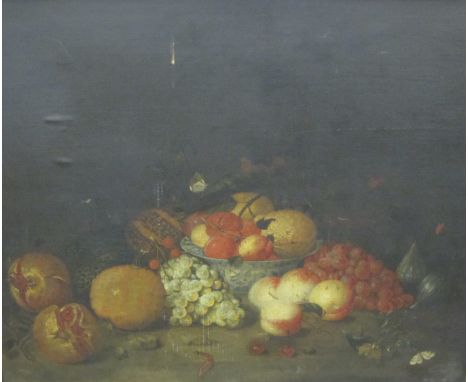 FOLLOWER OF ABRAHAM MIGNON (1640-1679)A Still Life of Pomegranates, Peaches, Grapes  and other  Fruitbears indistinct monogra