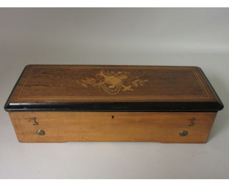 A 19th Century Swiss Cylinder Music Box, PVF St Croix, playing ten airs, 13in cylinder, the case cover inlaid vase and flower