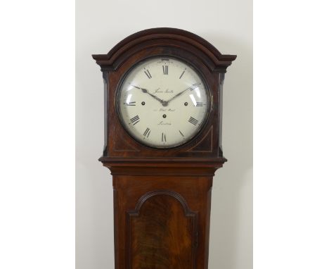 A 19th Century Longcase Clock with white enamel circular dial inscribed James Smith, 115 Fleet St, London, three train chimin