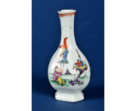 An early Worcester hexagonal polychrome Bottle Vase painted Chinese acrobatic figures and utensils in fenced landscape in bri