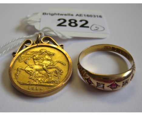 A George V Sovereign in 9ct gold Pendant mount and a Ruby and Diamond Ring pav-set alternating circular-cut stones in 15ct go