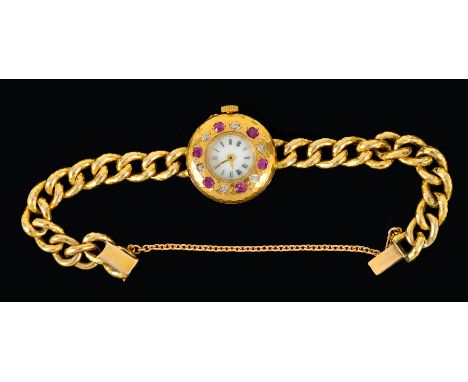 A Lady's Ruby and Diamond Cocktail Watch the white enamel dial with roman numerals in gold case set alternating cushion-cut r