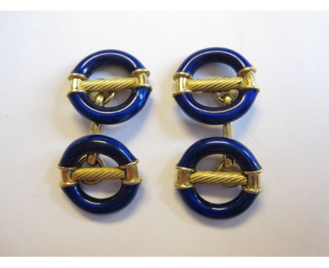 A pair of blue Enamel double sided Cufflinks with rigid bar link