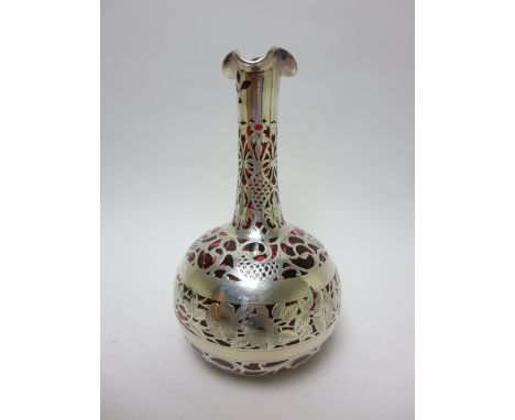 A Victorian silver overlaid pink glass Flask with pierced and engraved floral design, Birmingham 1900, 9in, rim chips