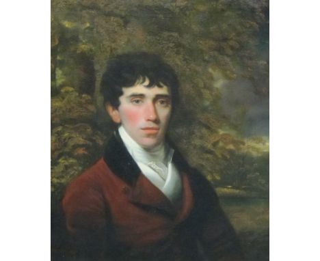 CIRCLE OF SIR WILLIAM BEECHEY RA (1753-1839)Portrait of a Gentleman, quarter-length, wearing a red Coat, a Forest Landscape b