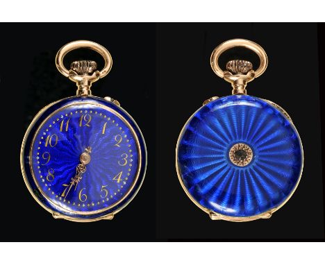 A Lady's Continental Fob Watch the blue guilloche enamel dial with gold arabic numerals, stamped K14, the enamel case with ro