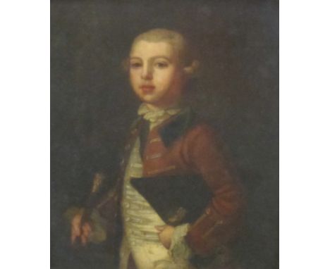 FOLLOWER OF CORNELIS TROOST (1696-1750)Portrait of a Boy, three-quarter length, wearing a red Coat, and holding a tricorn hat