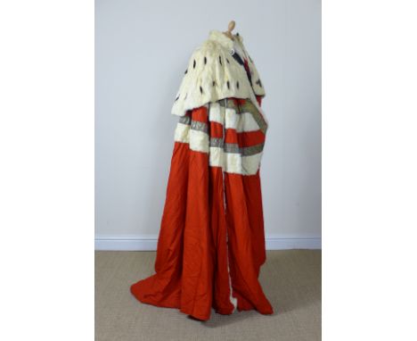 The Ceremonial Parliamentary Robes of Earl/Baron Egmont in scarlet fabric with two, two inch bands of gilt thread of stylised