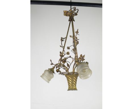 A gilt-metal three branch Hanging Lamp in the form of a basket of flowers with flowering branches, spiral supports and ribbon