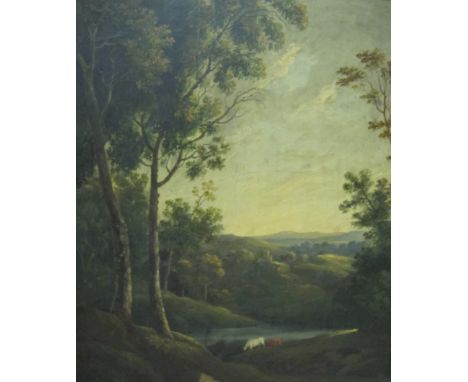 ELIZABETH BROWN GREENLY (1771-1839)A pastoral landscape with cattle grazing by a Pool, a church in the distancebears initials