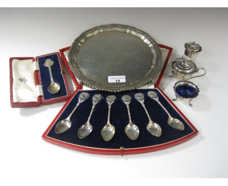 A George V silver Salver with gadroon rim and inscription on claw feet, Birmingham 1913, a George V three piece Condiment Set