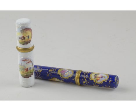 Two late 18th Century enamel Needle Cases painted reserves of cattle, sheep and drover with white surround, and reserves of f