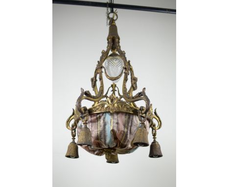 A gilt-metal circular Hanging Lamp with five bell shape husk shades, leafage scroll and swag design, 20 x 36in high, slight f