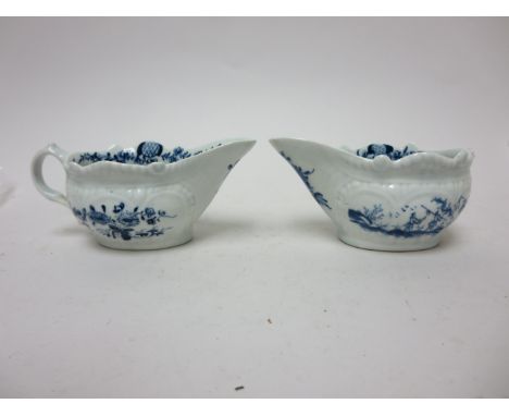 A pair of early Worcester blue and white Cream Boats painted "Two Porters" pattern, moulded rims, 5in, workman's mark, one ba