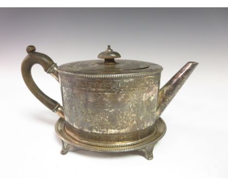 A Victorian silver oval Teapot engraved floral swags, beaded rim, pearwood scroll handle and matching oval Teapot Stand with 