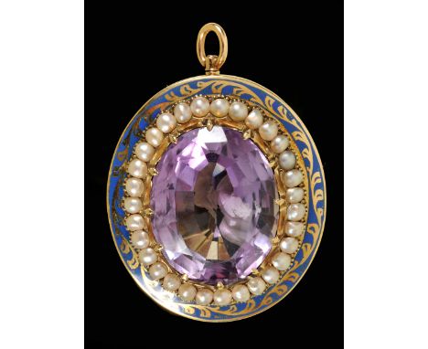 A Victorian Amethyst, Seed Pearl and Enamel Pendant/Brooch, claw-set oval-cut amethyst within frame of seed pearls and outer 