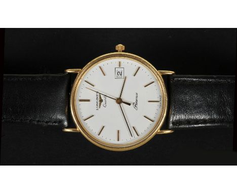 A Gentleman's Longines 'Presence' Quartz Wristwatch the white dial with hourly applied gold baton markers, sweep seconds hand