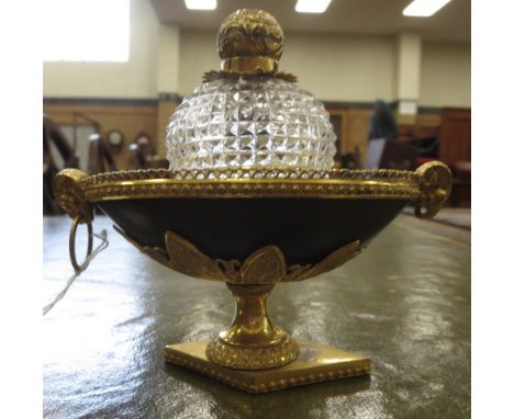 A Regency gilt metal mounted and cut glass Inkwell with ram's mask finials, A/F and a set of Postal Scales on oval malachite 