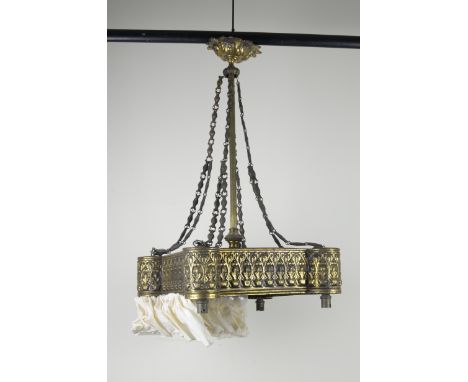 A gilt-metal square section Hanging Light with leafage embossed frieze, fluted column, leafage boss and corner chains, 16in s