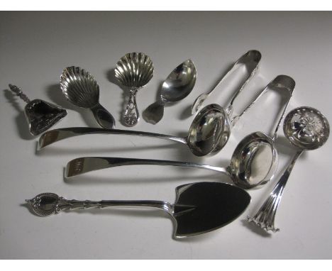A pair of William IV silver Sauce Ladles, old english pattern engraved initials, Edinburgh 1837, maker: R & RK, four Caddy Sp