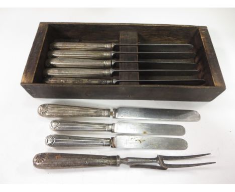 Six George III silver hafted Dinner Knives engraved Perceval crest, shell finials, Birmingham circa 1812, maker: Mathew Boult