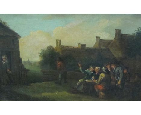 FOLLOWER OF DAVID TENIERS (1610-1690)Figures merrymaking outside a tavernoil on panel8 1/2 x 12 in  (21.7 x 30.5cm)