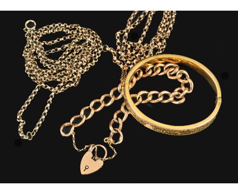 A 9ct gold hinged Bangle the front with floral engraving, a rose gold curb link Bracelet with padlock fastener stamped 9ct an