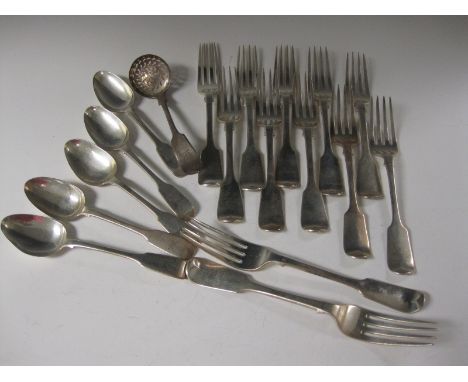 One dozen Victorian silver Dinner Forks, fiddle pattern engraved Perceval crest, London 1857, five Dessert Spoons, 1846, and 
