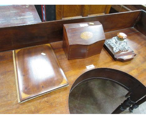 A late 19th Century mahogany and satinwood inlaid three piece Desk Set, viz: Ledger Cover, Inkwell with mahogany lid and base