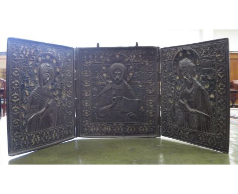 A 19th Century bronze religious Triptych with enamelled decoration, figure of Mary and Christ in coptic style borders, each p