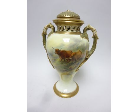 A Royal Worcester two handled baluster Vase painted highland cattle in landscape, signed John Stinton, scroll moulded handles