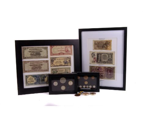 A selection of War time coins and paper money, to include a War issue £1 note signed K Peppiatt, a WWII Rentenmark German Pol