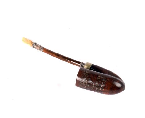 An interesting Boer War smoking pipe, having decoration inlaid design to the bowl and shank, with electro plated collar, the 