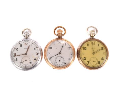 Three War period open faced pocket watches, including a white metal Cyma, marked G.S.T.P M96729 and broad arrow to back, anot