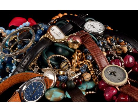 A large collection of costume jewellery and watches, comprising various enamel and gem set brooches and pins, a white metal b